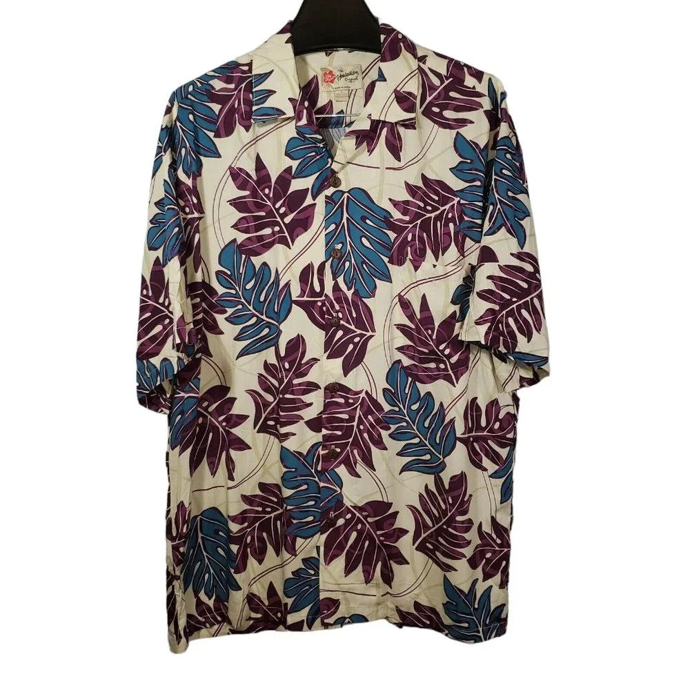Hilo Haitti Button Up Hawaiian Shirt Cream Purple Blue Palm Tree Leaves Tropical